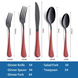 Onlycooker 20-Piece Red Silverware Set 18/0 Stainless Steel Black Silverware Set Red Handle Cutlery Black Set Service for 4 Dinner Knives Forks Spoons Set Black Flatware SetFinish Dishwasher Safe