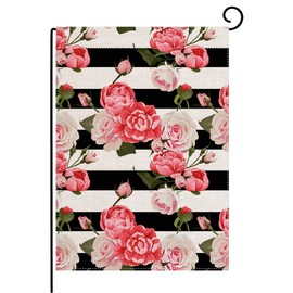 Home Decorative Outdoor Peony and Roses Garden Flag Burlap Double Sided, Primitive Garden Decorations, Black and White Stripes Flowered Seasonal Outdoor Flag 12.5 x 18 inch