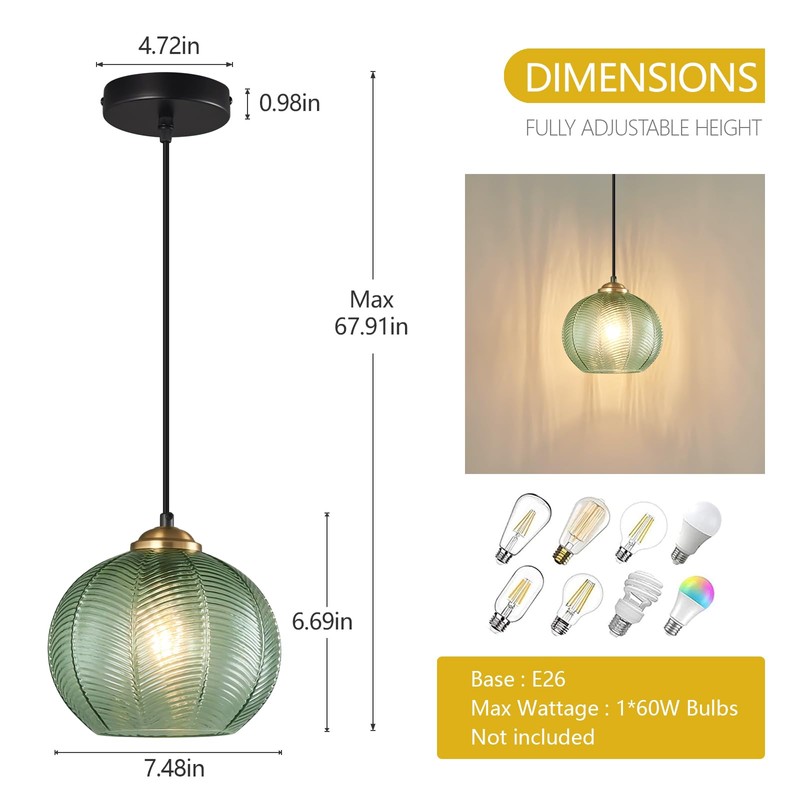 LBSQJ Green Glass Pendant Lights Kitchen Island 1 Pack 7.48
