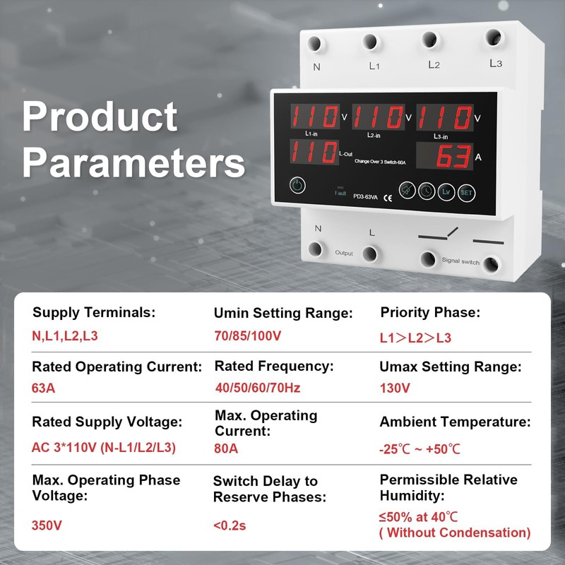 OELFFOW One-Click Setup Automatic Transfer Switch with Priority Phase L1＞L2＞L3,
