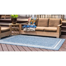 Unique Loom Outdoor Border Collection Area Rug - Soft Border (9' x 12' Rectangle, Blue/ Ivory)