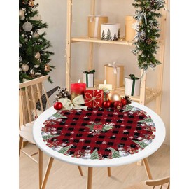 Christmas Snowman Round Fitted Tablecloth for Round Table,Poinsettia Xmas Tree Waterproof Table Cloth Table Cover with Elastic Edge,Snowflake Red Black Buffalo Plaid Circle Table Covers 36-44in