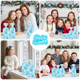 100 Pcs Winter Snowflake Treat Bags - Christmas Gift Bags, Blue White Plastic Snowflakes Cello Candy Goodie Cookie Snack Cellophane Bag with Twist Ties for Xmas Holiday Winter Wonderland Party Favors