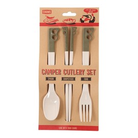 CHUMS CH62-1734-M095-00 Camper Cutlery 3-Piece Set, Khaki/Gray, Spoon: Length 7.9 inches (20 cm), Fork: Length 7.9 inches (20 cm), Chopsticks: Length 8.7 inches (22 cm)