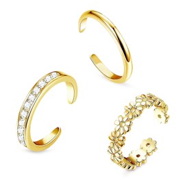 MAOSHYMS Pack of 3 Golden Toe Rings for Women, Adjustable Toe Ring Set, Flower Toe Rings, Open Toe Rings, Finger Ring, Simple, Gold-Coloured Rings for Women, Girls, Hawaiian, Summer, Beach
