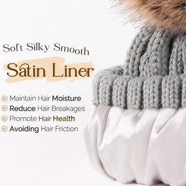 YANIBEST Womens Winter Beanie Hat Satin Lined Knitted Beanie Hat Warm Soft Ski Cuff Cap with Pom Pom Light Grey