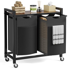 Sweetcrispy Laundry Hamper with 2 Pull-Out Removable Sorter Bags 2 × 11.2 Gal (85L) Capacity, Movable Wheels, Freestanding Clothes Basket Organizer in Bathroom, Rustic Brown and Black