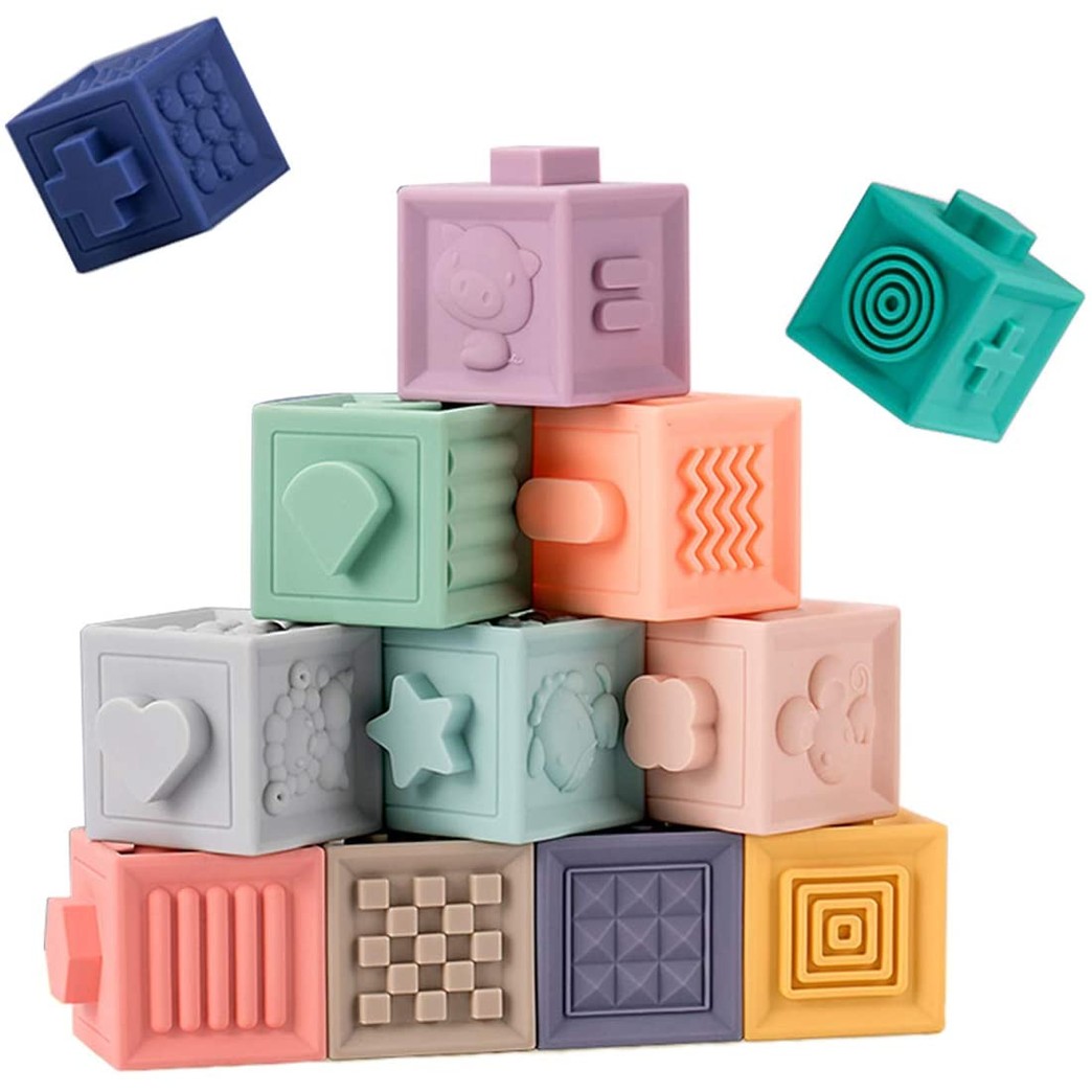 Baby Blocks Soft Building Stacking Blocks,Teething Chewing Squeeze Early Educational Toys with Number Animals Textures Fruits,Learning Math and Color Toy Gift for 6 Months+ Boys and Girls