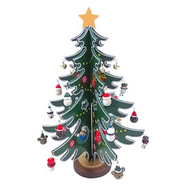 TableTop Christmas Tree Wooden Small 3D Xmas Tree DIY Mini Xmas Desktop Decoration with Hanging Bells Gingerbread Man Ornments & Star Treetop for Festival Party Xmas Gifts