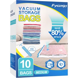 Fygrip 10 Pack Medium Vacuum Storage Bags with Hand Pump, Plastic Packaging Bags, 80% Space Saver Vacuum Seal Bags for Clothing, Travel Lugggage, Blankets, Comforters