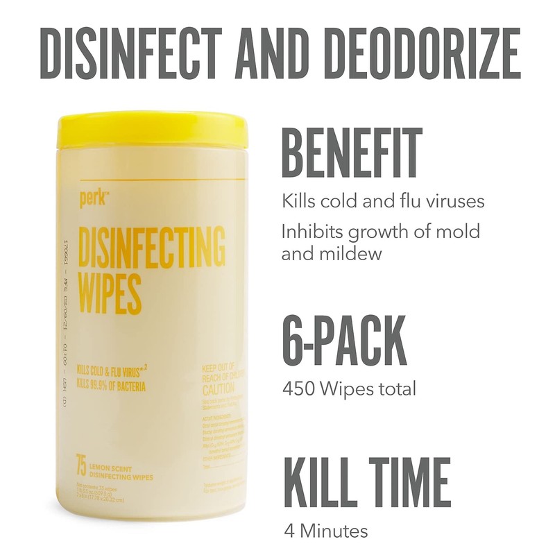 Perk Disinfecting Wipes, Lemon, 75 Wipes/Canister, 6/Pack