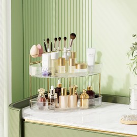 FELIZHOUSE 2-Tier Bathroom Makeup Organizer with Brush Holder, Corner Countertop Vanity Storage Shelf for Cosmetics, Perfume & Beauty Accessories, Space-Saving Tiered Shelf (Amber Gold/Clear/Green)