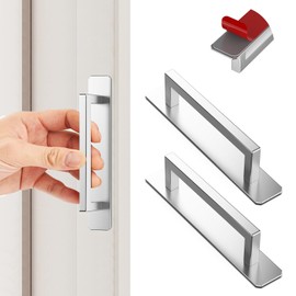 KIKISML 2PCS Self-Stick Instant Cabinet Drawer Door Handles, Aluminum Alloy Adhesive No Drilling Door Pull Handle for Drawer Closet Sliding Door Kitchen Cabinet- Silver