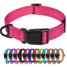TagME Dog Collar, Adjustable Reflective Nylon Pet Collar with Quick Release Buckle for Medium Dogs, Hot Pink, 1.0" Width