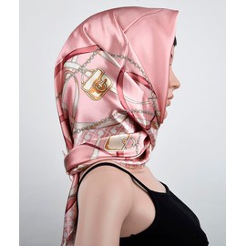corciova 35x35 Large Square Satin Hair Scarf for Women – Silk-Feel Head Wrap, Night Protection, Fashion Bandana & Headscarf (1 Pcs Pale Pink Chains and Belts)