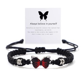 Always Believe in Yourself Butterfly Bracelet Cute Butterfly Charm Bracelet Purple Pink Red Black Blue Friendship Bracelet Adjustable Braided Rope Butterfly Bracelet Lucky Bracelet Friendship Bracelet Matching Bracelet Butterfly Jewelry for Women (Black)