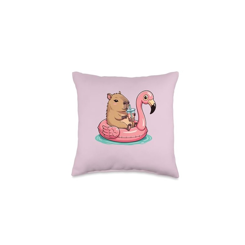 Cute Capybara On Flamingo Pool Float Drinking Bubble Tea Throw