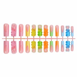 MISUD Press on Nails Long Square Fake Nails Glossy Glue on Nails Summer Colorful French Tip Acrylic Nails Squoval Artificial Nails Cute Bear Pearl Stick on False Nails with Design 24 pcs