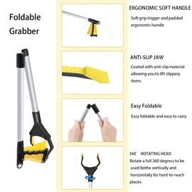 Litter Picker Grabber Stick, 26inch Helping Hand Grabbers for Disabled, Litter Pickers for Adults Foldable Rotating 360 Degree Reaching Aids (26" Yellow)