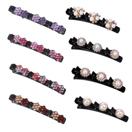 Braided Hair Clips for Women Sparkling Pearl Crystal Stone Barrette, 8PCS Rhinestone Duckbill Braid Clips for Women with 3 Small Flower Crystal Hair Accessories Girls Styling Sectioning