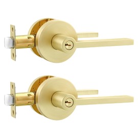 Karlstone 2 Pack Entry Door Handle,Interior Gold Door Knobs in Zinc Alloy, Interior Door Levers with Key,Modern Door Lever for Left or Right Handing,Heavy Duty Constructions