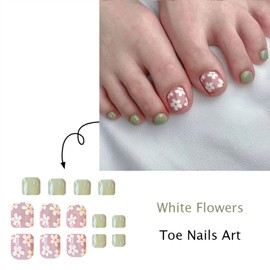 White Flower Press on Toenails Green Solid Color False Toenails Glossy Short Square Toe Nails Reusable Full Cover Toe Nails for Women
