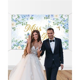 Mocsicka Miss to Mrs Banner Blue Floral Gold Dots Bridal Shower Party Decorations Banner for Wedding Engagement Bachelorette Party Backdrop for Photography Photo Booth Props (Blue, 70.8x43.3 inch)