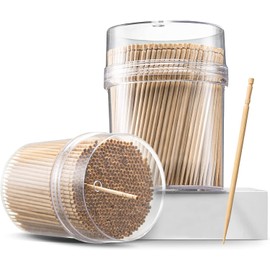 Prestee 2000ct Wooden Toothpicks + Reusable Toothpick Holder Container, Light Wood Toothpicks - Sturdy Smooth Finish Bamboo Tooth Picks for Teeth, Party Cocktail Picks, Toothpicks Wood for Appetizers