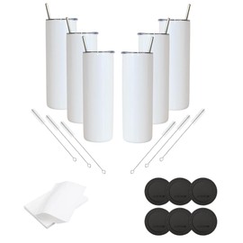 SDN Custom 20oz Sublimation Insulated Skinny Stainless Steel Tumbler Blank, Straw and Brush with Sliding Lid, Bottom Rubbers and Shrink Wraps Included, Individual White Box Packaging (6 Pack)