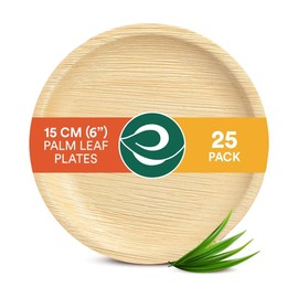ECO SOUL 100% Compostable 15cm(6") Round Palm Leaf Plates (Pack of 25), Premium Tableware, 10x Times Sturdy Than Paper Plate, Disposable & Organic, Bamboo-Like Plates, Alternative to Plastic Plate