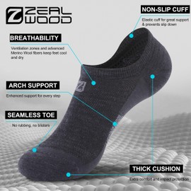 ZEAL WOOD 3 Pairs Merino Wool No Show Athletic Mens Womens Ankle Wool Cushion Tennis Summer Low Cut Wool Cycling Hiking Moisture Wicking Socks for Men Women -Black M