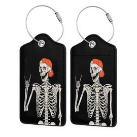 2Pack Funny Skull Luggage Tags Privacy Cover ID Label with Stainless Steel Loop and Address Card for Travel Bag Suitcase Funny Cute Man Women Kids Horror Terror Skeleton