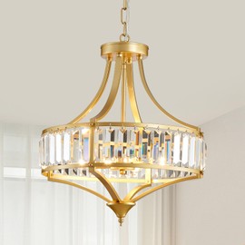 Majhoiw Gold Crystal Chandeliers for Dining Room Modern Round 4 Lights Fixture Rustic Pendant with Metal Lampshade for Living Room Hallway Bedroom Foyer, Requires Installation