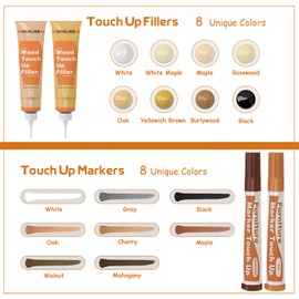 REALINN Wood Furniture Repair Kit 8 Light Colors- Wood Fillers and Touch Up Markers, Repair Scratch, Cracks, Discoloration for Wooden Door, Floor, Table, Cabinet