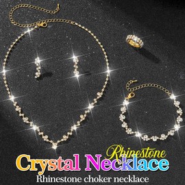 Reaky Bridal Jewelry Sets Rhinestone Necklace 4 Pcs Silver Earrings and Necklace Set Bride Wedding Jewelry for Women (Gold)