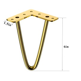 Osring 6 Inch Hairpin Legs Solid Steel Furniture Table Feet 4pcs, Heavy Duty Hairpin Feet 3/8” Dia 2 Rods Furniture Legs Golden with Protector Pads for TV Stand, Cabinet and Coffee Table