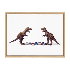 Kate and Laurel Sylvie Dino Cars Faceoff Framed Canvas Wall Art by Saint and Sailor Studios, 18x24 Natural, Modern Colorful Car Toys Art for Wall