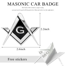 DXNQ 2 PCS Masonic Car Emblem, 2.6" Chrome Plated Masonic Emblem Auto Stickers for Freemasons, Metal Mason Square and Compasses Car Decals for Most Vehicles, Car Accessories (Silver&Black)