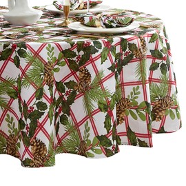 Elrene Home Fashions Pinecone Plaid Red/Green Holiday/Christmas Fabric Wrinkle Resistant Round Dining Tablecloth, 70"x70"