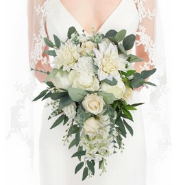Rinlong White Green Cascade Bouquet Wedding Bouquets for Bride Cascading Wedding Bouquet Bridal Bouquet Artificial Flowers