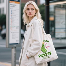 Ialtsidws Funny Pickle Tote Bag - Just A Person Who Loves Pickles Print Reusable Canvas Grocery Bag with Magnetic Snap Closure & Zipper Inner Pocket, Gift for Pickle Lovers Women