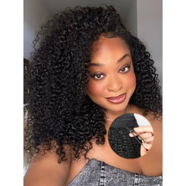 Larhali Kinky Curly Half Wig Human Hair 180% Density Wear And Go Glueless Wigs Human Hair 18 Inch Curly 3 In 1 Half Wigs for Women Drawstring Seamless Flip Headband Wig Beginner Friendly