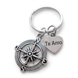 JewelryEveryday Compass Charm Keychain with Heart Tag Engraved Te Amo (I Love You) in Spanish, Couples Keychain