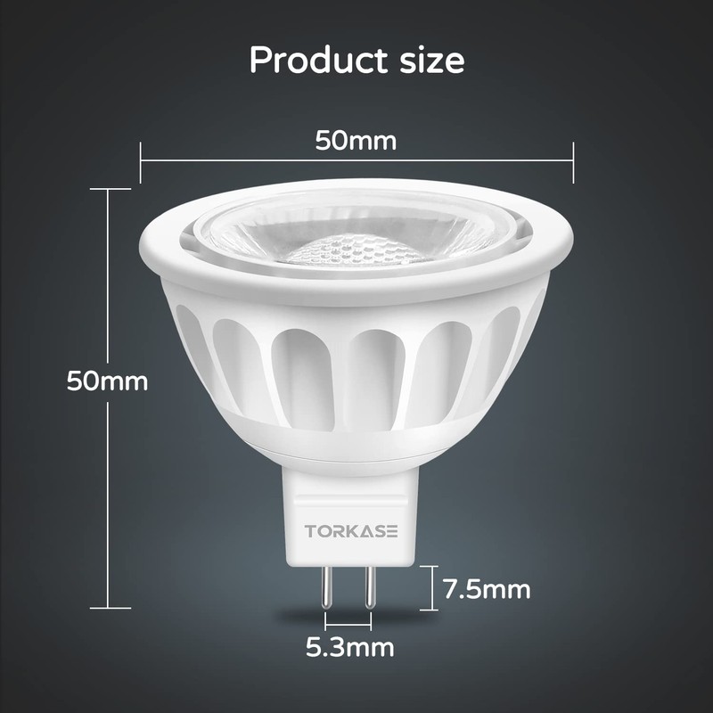 Torkase 10 Pack MR16 LED Bulbs, 5W 12V, GU5.3 Bi-Pin