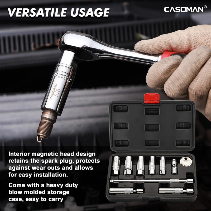CASOMAN 10PCS 3/8"Drive Magnetic Spark Plug Socket Set, 6PT&12PT, Include