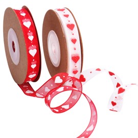Mayam Valentine's Day Ribbons Heart Ribbons Craft Ribbons for Valentine，Wedding Craft, 2 Rolls (red and White)