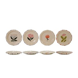 Creative Co-Op 4-Piece Stoneware Plate Set with Flower Image, Multicolor