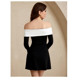 winkbay Women's Off The Shoulder Mini Dress Long Sleeve Flared A Line Color Block Party Club Dresses Black and White Small