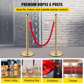 VEVOR Stanchions and Velvet Ropes 4Pcs, Solid Base with Stainless Steel Post, 5ft Red Velvet Ropes and Posts, Crowd Control Barriers Gold Stanchions, Red Carpet Runner Poles for Party Supplies