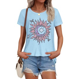 T Shirts for Women Summer Short Sleeve Crewneck Casual Cute Graphic Basic Tees Tops, Blue Sun Moon, L